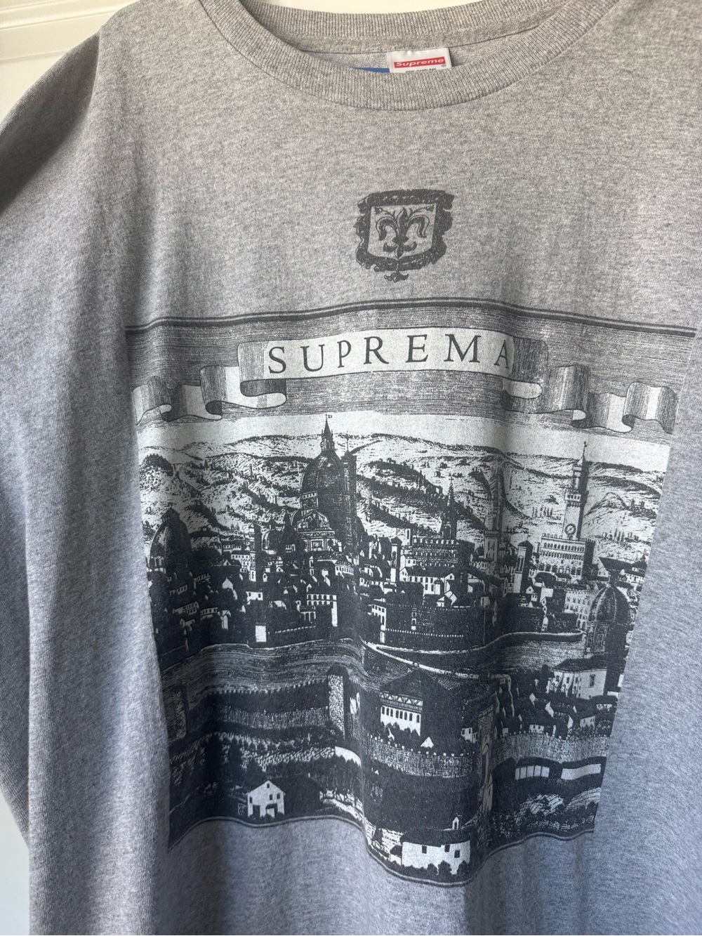 Supreme - Grey short Sleeve Graphic Crewneck with Cityscape Print Florence Italy